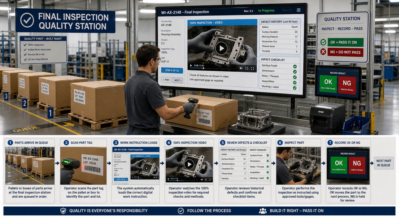 Illustration of shopfloor use of digital work instruction at final inspection from queued parts, scan, instruction video, defect history, and OK NG result